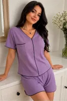Mor Kısa Kollu V Yaka Şortlu Pijama Takımı Bella Notte 79031 Mor farklı açı