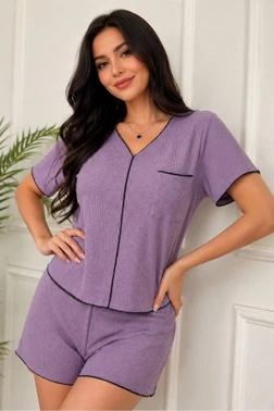Mor Kısa Kollu V Yaka Şortlu Pijama Takımı Bella Notte 79031 - Alternatif Görünüm