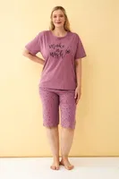 Mürdüm Make a Wish Yazılı Büyük Beden Kapri Pijama Takımı Akbeniz 5643 Mürdüm detay görünüm