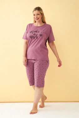 Mürdüm Make a Wish Yazılı Büyük Beden Kapri Pijama Takımı Akbeniz 5643