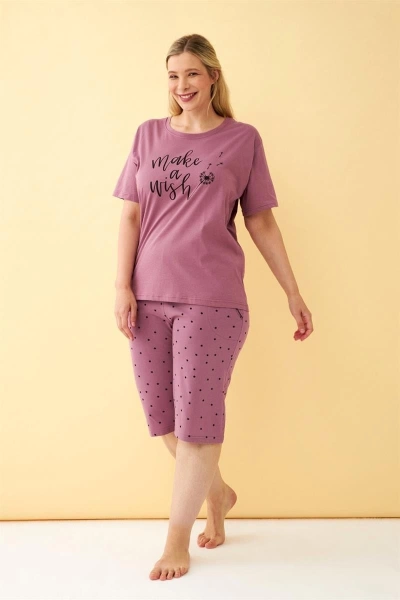 Mürdüm Make a Wish Yazılı Büyük Beden Kapri Pijama Takımı Akbeniz 5643
