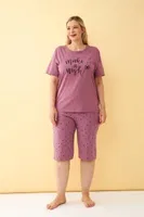 Mürdüm Make a Wish Yazılı Büyük Beden Kapri Pijama Takımı Akbeniz 5643 Mürdüm görsel 4