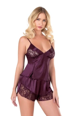 Ahu Lingerie Mürdüm Saten Babydoll Şort Takımı Ahu Primoda 9132