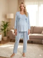 Müslim Aksesuarlı Kadın 3'lü Pijama Takımı Bone Club 6109 Mavi farklı açı