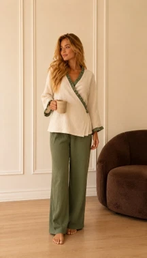 Müslin Yeşil Fırfır Ayrıntılı Çapraz Kapamalı Kadın Pijama Takımı Bella Notte 61159