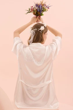 NBB Saten Yazı İşlemeli Kuşak Bağlamalı Ekru Bride Sabahlık NBB 3232 - Alternatif Görünüm