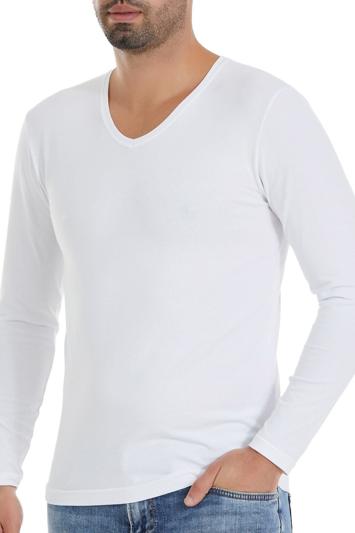 Pamuklu Likralı V Yaka Uzun Kol Erkek T-Shirt Beyaz Yıldız 350