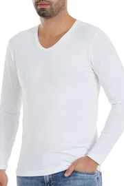 Yıldız Çamaşır Pamuklu Likralı V Yaka Uzun Kol Erkek T-Shirt Beyaz Yıldız 350
