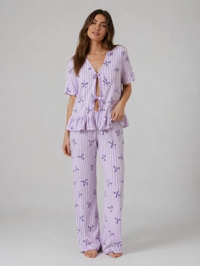 Pamuklu Lila Çizgili Fiyonk Desenli Bağlama Detaylı Kadın Pijama Takımı Bella Notte 61093 - Alternatif Görünüm