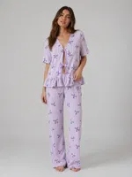 Pamuklu Lila Çizgili Fiyonk Desenli Bağlama Detaylı Kadın Pijama Takımı Bella Notte 61093 Lila detay görünüm