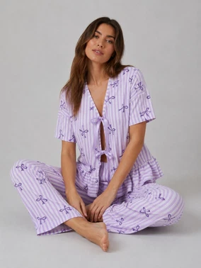 Pamuklu Lila Çizgili Fiyonk Desenli Bağlama Detaylı Kadın Pijama Takımı Bella Notte 61093