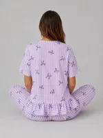 Pamuklu Lila Çizgili Fiyonk Desenli Bağlama Detaylı Kadın Pijama Takımı Bella Notte 61093 Lila farklı açı