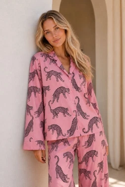 Pamuklu Pembe Leopar Desenli Düğmeli Uzun Kollu Pijama Takımı Bella Notte 61265