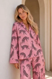 Pamuklu Pembe Leopar Desenli Düğmeli Uzun Kollu Pijama Takımı Bella Notte 61265