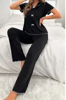 Pamuklu Siyah Fiyonk Detaylı Mevsimlik Pijama Takımı Ruselin 5130 Siyah farklı açı