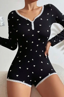 Ruselin Pamuklu Siyah Kalp Desenli Tulum Pijama Ruselin 5122