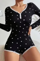 Pamuklu Siyah Kalp Desenli Tulum Pijama Ruselin 5122 Siyah