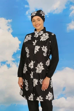 Pantolonlu Desenli Tam Tesettür Mayo Siyah Akbeniz 31070 - Alternatif Görünüm