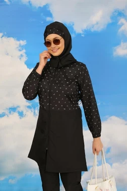 Pantolonlu Desenli Tam Tesettür Mayo Siyah Akbeniz 31074
