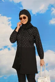 Pantolonlu Desenli Tam Tesettür Mayo Siyah Akbeniz 31074