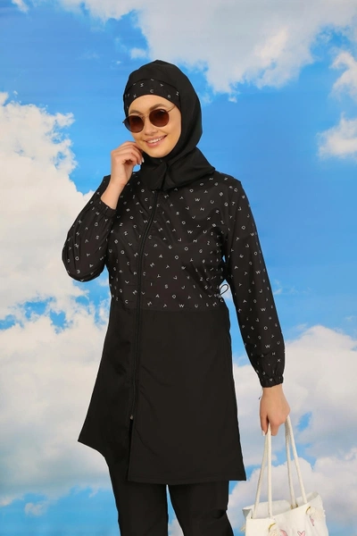 Pantolonlu Desenli Tam Tesettür Mayo Siyah Akbeniz 31074