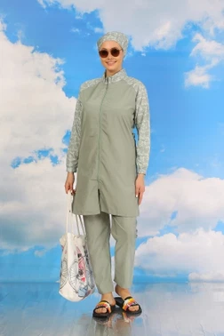 Pantolonlu Desenli Tam Tesettür Mayo Su Yeşili Akbeniz 31072 - Alternatif Görünüm