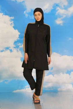 Pantolonlu Kolu Şeritli Tam Tesettür Mayo Siyah Akbeniz 31065 - Alternatif Görünüm