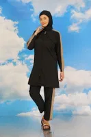 Pantolonlu Kolu Şeritli Tam Tesettür Mayo Siyah Akbeniz 31065 Siyah görsel 5