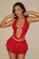 Parlak Sırt Göğüs Dekolteli Kapüşonlu Fantazi Gece Elbisesi Ruselin 5119 Kırmızı
