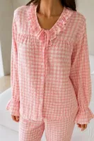 Pembe Beyaz Pötikare Fırfır Yaka Bağlama Detaylı Uzun Kollu Pijama Takımı Bella Notte 61253 Pembe farklı açı