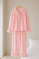Pembe Beyaz Pötikare Fırfır Yaka Bağlama Detaylı Uzun Kollu Pijama Takımı Bella Notte 61253 Pembe görsel 4