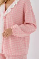 Pembe Beyaz Pötikare Fisto Fırfır Detaylı Uzun Kollu Pijama Takımı Bella Notte 61249 Pembe farklı açı