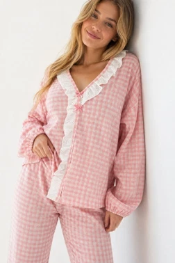 Pembe Beyaz Pötikare Fisto Fırfır Detaylı Uzun Kollu Pijama Takımı Bella Notte 61249