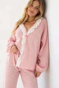 Pembe Beyaz Pötikare Fisto Fırfır Detaylı Uzun Kollu Pijama Takımı Bella Notte 61249