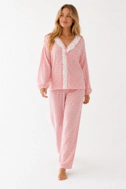 Pembe Beyaz Pötikare Fisto Fırfır Detaylı Uzun Kollu Pijama Takımı Bella Notte 61249 - Alternatif Görünüm