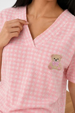 Pembe Beyaz Pötikare V Yaka Kısa Kollu Pijama Takımı Bella Notte 61251 - Alternatif Görünüm