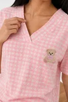 Pembe Beyaz Pötikare V Yaka Kısa Kollu Pijama Takımı Bella Notte 61251 Pembe detay görünüm