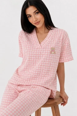 Pembe Beyaz Pötikare V Yaka Kısa Kollu Pijama Takımı Bella Notte 61251