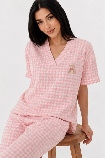 Pembe Beyaz Pötikare V Yaka Kısa Kollu Pijama Takımı Bella Notte 61251