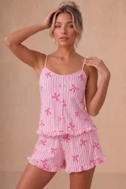 Pembe Çizgili Fiyonk Detaylı Askılı Şortlu Pijama Takımı Bella Notte 79065