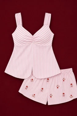 Pembe Çizgili Kiraz Nakış Detaylı Askılı Şortlu Kadın Pijama Takımı Bella Notte 7963 - Alternatif Görünüm