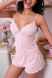 Pembe Dantel Kenarlı Penye Askılı Yazlık Şort Takım Real Passione S-43