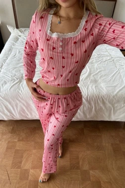 Pembe Dantel Yaka Detaylı Kalp Desenli Çizgili Pijama Takımı Bella Notte 77435 - Alternatif Görünüm