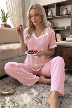 Pembe Dantel Yaka Fiyonk Detaylı Kısa Kollu Kadın Pijama Takımı Bella Notte 77651 - Alternatif Görünüm