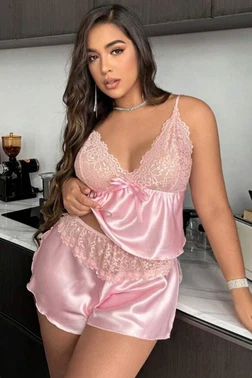 Real Passione Pembe Dantelli Büyük Beden Kadın Şort Takım Real Passione 10004