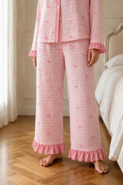 Pembe Ekose Fiyonk Desenli Fırfır Detaylı Düğmeli Uzun Kollu Pijama Takımı Bella Notte 61363 - Alternatif Görünüm
