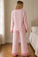 Pembe Ekose Fiyonk Desenli Fırfır Detaylı Düğmeli Uzun Kollu Pijama Takımı Bella Notte 61363 Pembe farklı açı