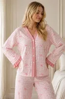 Pembe Ekose Fiyonk Desenli Fırfır Detaylı Düğmeli Uzun Kollu Pijama Takımı Bella Notte 61363 Pembe
