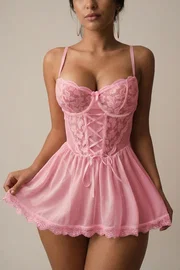 Real Passione Pembe Fantazi Gecelik Tül Dantel İp Örmeli Real Passione 4076