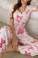 Pembe Fiyonk Desenli Süs Düğmeli Yazlık Pijama Takımı Bella Notte 7395 Pembe farklı açı